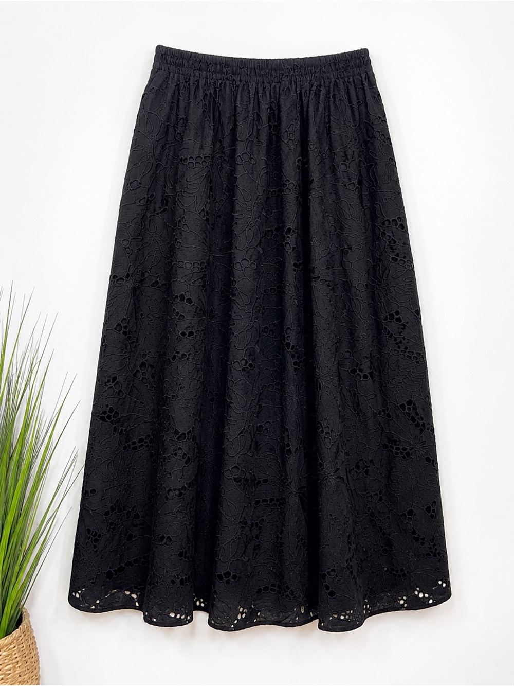H&M Black Eyelet Midi Skirt